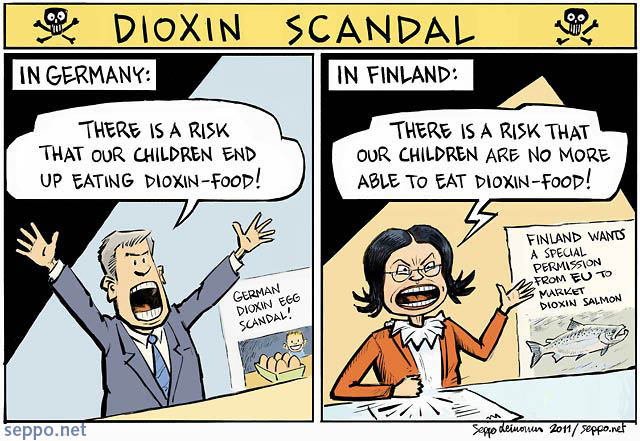  Dioxin scandal - Germany versus Finland, keywords:
 dioxin scandal Germany food Finland salmon endangered wild special permission fishing overfishing cartoon