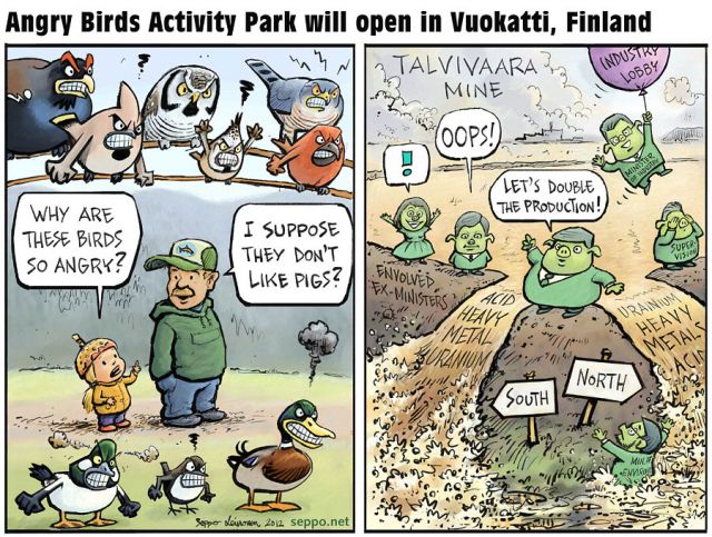  Angry Birds activity park and the toxic leak of the Talvivaara m, keywords:
 Talvivaara mine Vuokatti Sotkamo Finland Angry Birds activity park toxic leak heavy metal uranium nickel cadmium zinc aluminium sulfuric acid manganese pollution river lake action politics corruption cartoon