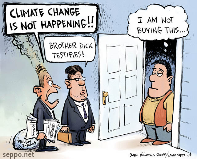  Global warming sceptics - door-to-door peddlers, keywords:
 global warming denier sceptic door-to-door climate change peddler scince cartoon