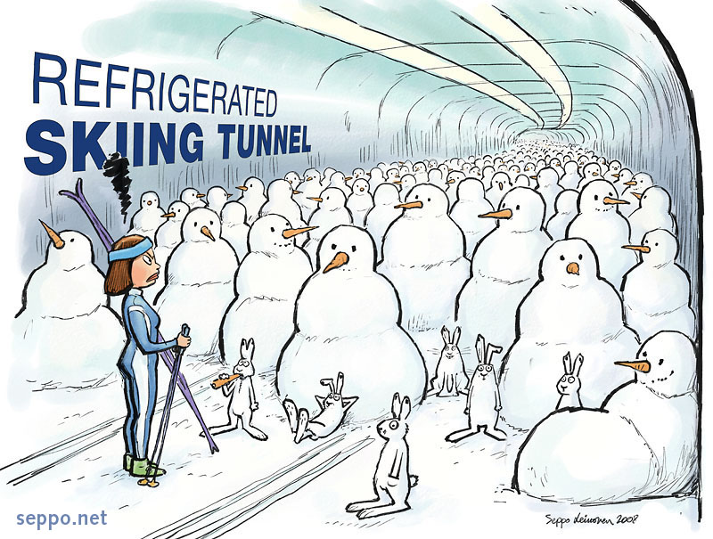 Snow men in the artificial skiing tube