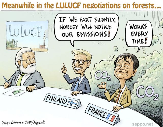  How to hide climate emissions from forestry, keywords:
 forest forests forestry climate emission LULUCF bioenergy harvesting silent fart Nicolas Hulot Kimmo Tiilikainen Miguel Arias Canete environment carbon sink cartoon