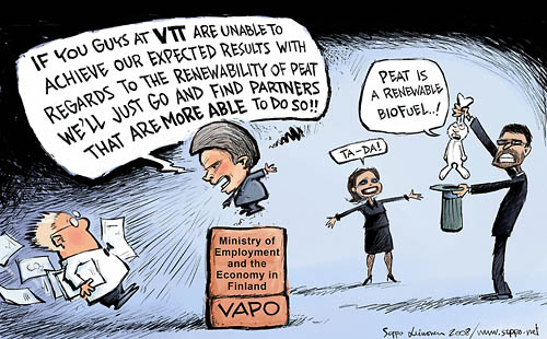 Finnish Minister tries to prove that peat is a renewable biofuel, keywords:
 peat biofuel renewable energy source climate global warming cartoon