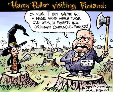  Harry Potter visiting Finland, keywords:
 Harry Potter Finland old growth forests magic wand axe commercial forest cartoon