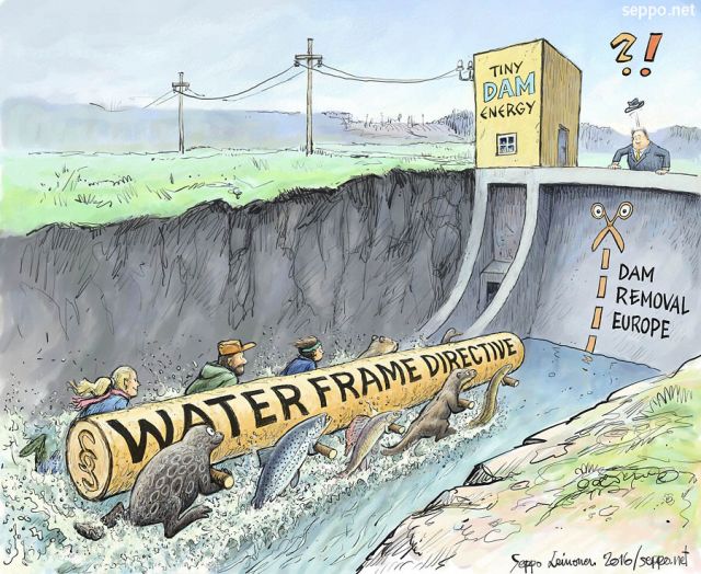  Dam removal and river restoration, keywords:
 dam removal rivers free natural flow EU water frema directive restoration biodiversity salmon trout grayling eel otter beaver fishing aquatic ecosystem hydro electricity mini cartoon