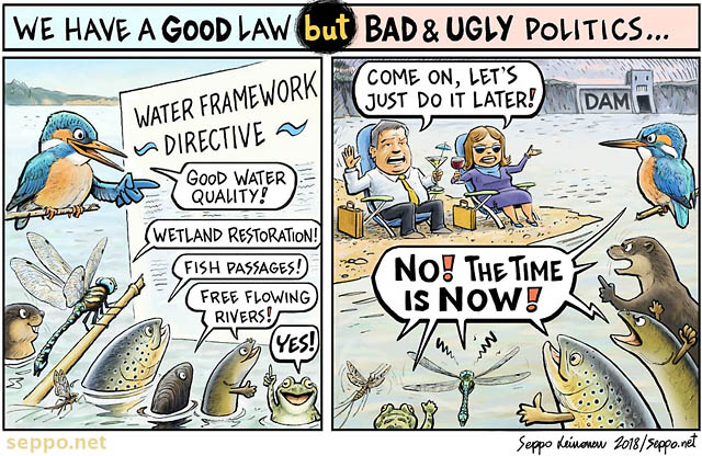  Save the EU water law, keywords:
 water frame directive law EU fish migratory dam removal migration quality wetland restoration passage free flowing river lake politicians kingfisher water vole dragonfly trout mussel eel frog otter cartoon