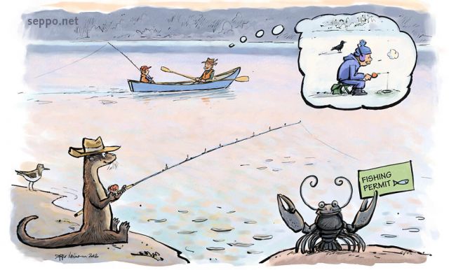  Fishing – angling and spinning and trolling , keywords:
 fishing angling spinning trolling fishing rod and reel spoon rowing boat otter wood sandpiper crayfish crawfish common raven fishing permit fishing license cartoon
