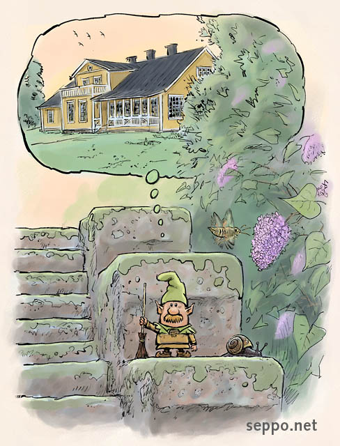  Garden gnome and country house, keywords:
 country house mansion destroyed architectural heritage gnome garden gnome fairy tale character stone stairs land snail bedstraw hawk-moth gallium sphinx syringa lilac cartoon