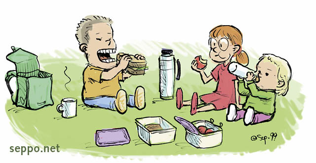  Picnic luncheon in durable containers, keywords:
 snack refreshment luncheon break picnic durable container sustainability thermos bottle baby kids children trip outing cartoon