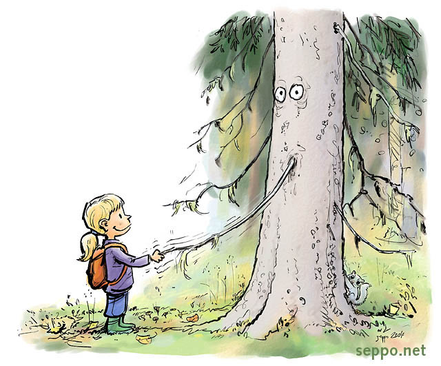  Girl and spruce shake hands, keywords:
 Norway spruce European spruce branch needles arm girl kid children flying squirrel Picea abies Pteromys volans cartoon