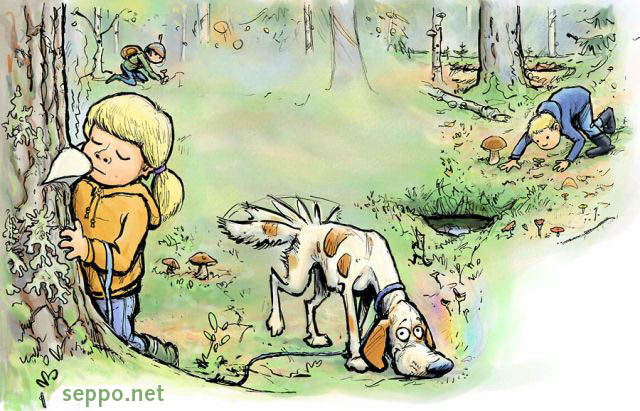  Sniffing nature , keywords:
 sniffing natural smell odor smelling sense of smell outing forest trip polypore dog cartoon