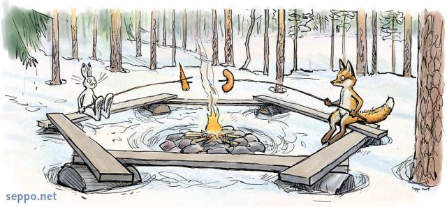  Hare and fox at campfire, keywords:
 Mountain hare Red fox campfire campsite picnic lunch break winter snow forest Lepus timidus Vulpes vulpes cartoon