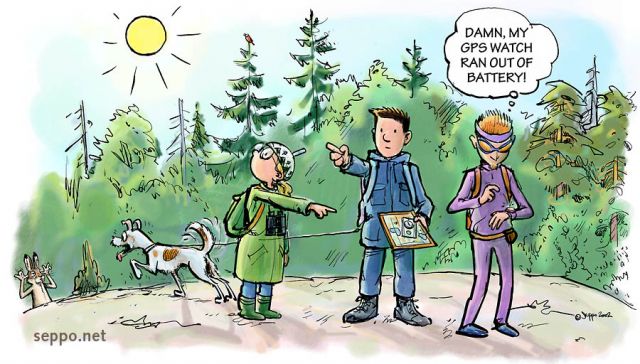  Orienteering in forest, keywords:
 orienteering navigator navigation excursion hiker hiking forest sun compass map gps dog hare cartoon