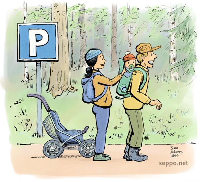  Child family hiking in nature, keywords:
 nature nature trail excursion trip hiking child baby pushchair stroller pram baby carrier backpack outdoors cartoon
