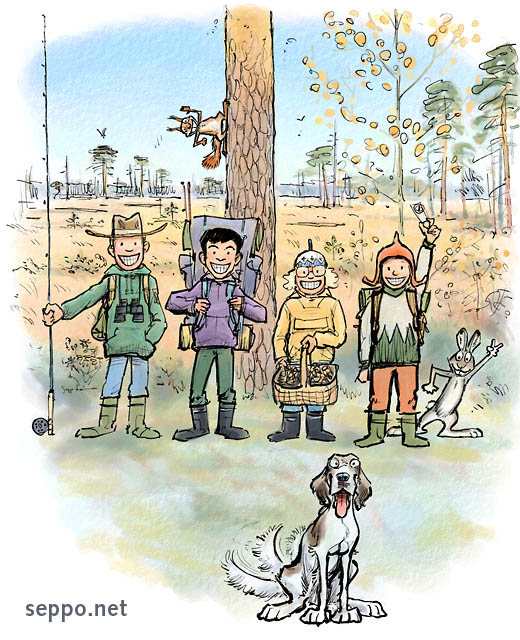  Recreation and activities in nature, keywords:
 nature wilderness activities recreation trip outing hiking nature lovers fishing fisherman binoculars backpack rucksack mushrooming mushroom picking orienteering hare dog squirrel bog mire autumn colors cartoon