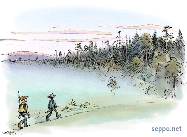  Men go into the wilds, keywords:
 hunter fisherman wilderness forest morning fishing hunting cartoon