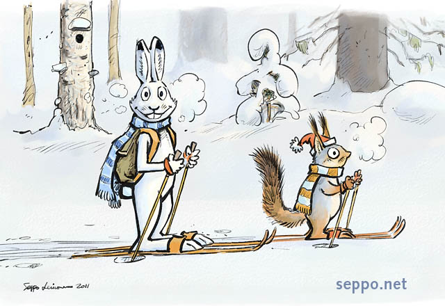  Hare and squirrel skiing, keywords:
 snow banks cross-country skiing off track skiing cruising skis hare squirrel old forest old man&#039;s beard winter deadwood outdoors Lepus timidus Sciurus vulgaris cartoon