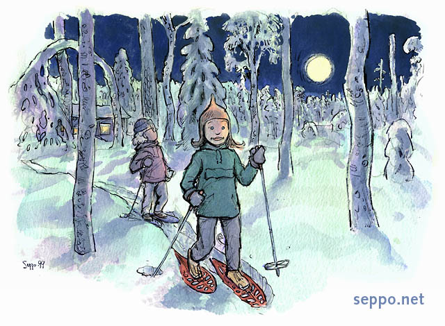  Full moon and snowshoes, keywords:
 night outing trip excursion snowshoe nature outdoors snowshoeing track trail crust full moon moonlight winter cartoon