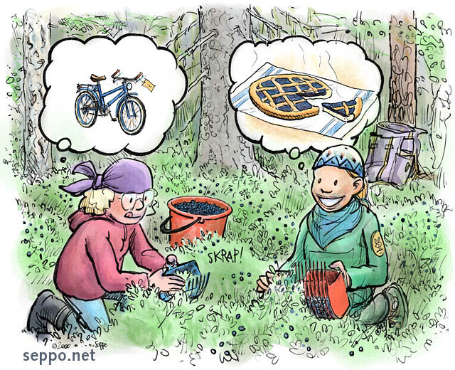  Blueberry pickers with goals, keywords:
 berry picking pickers picking berries blueberry blueberries forest natural product goal blueberry pie bicycle cartoon