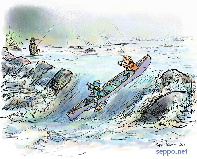  Paddlers and flyfisher at rapids, keywords:
 paddlers paddling indian canoe rapids white water slope river flyfishing flyfisher danger cartoon