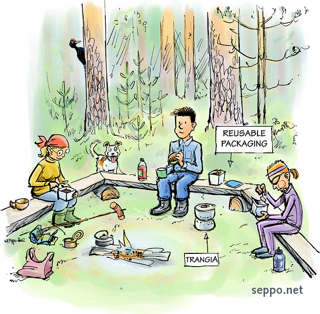 Hikers at campfire, keywords:
 excursion, hiking, hiker, campfire, forest, picnic, durable packaging, cartoon, pause, sausage, coffee, trangia, dog, black woodpecker