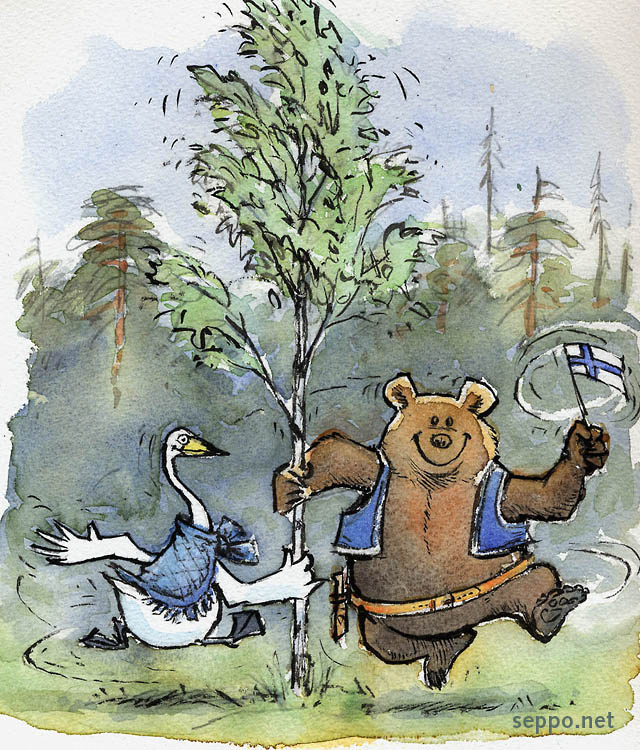  Bear and swan – national animals in Finland, keywords:
 Brown bear Whooper swan birch national animal Finland Finnish Ursus arctos Cygnus cygnus cartoon