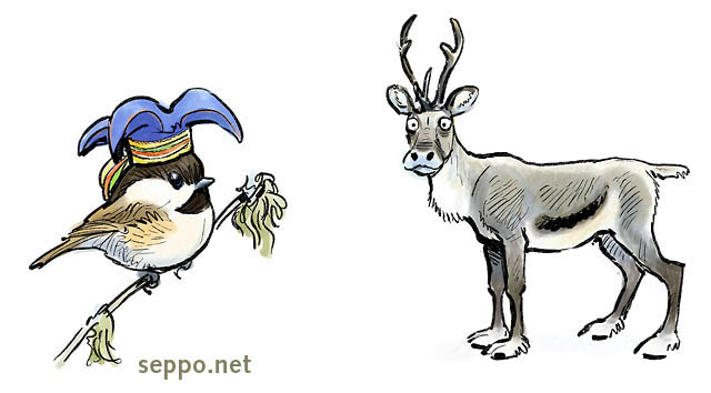  Reindeer and Siberian Tit, keywords:
 reindeer Siberian tit Rangifer tarandus Parus cinctus Poecile cincta four winds hat Lapland hat cartoon