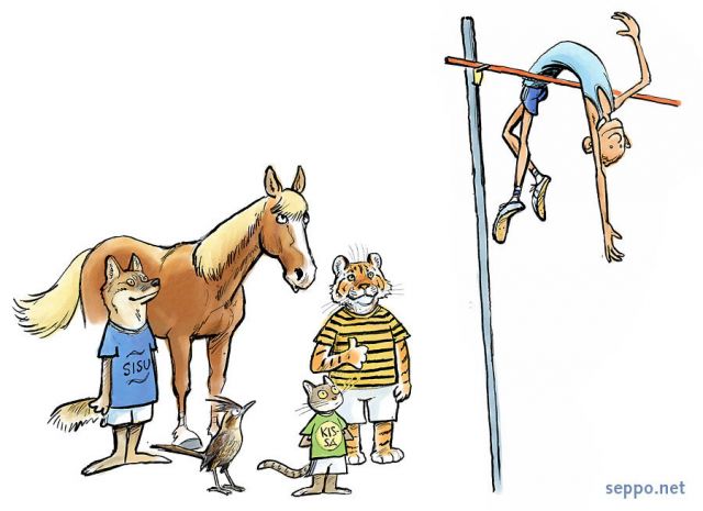  High jump, keywords:
 wolf horse cat terrestrial cuckoo Neomorphus tiger human high jump contest race competition cartoon