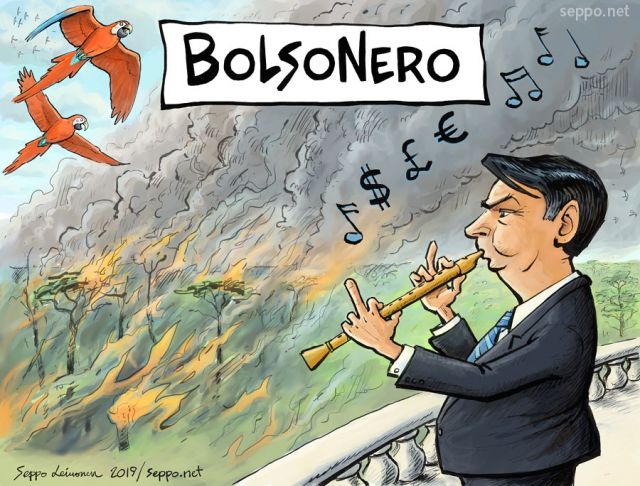  Jair Bolsonero burns Amazonas, keywords:
 Amazonas burns Jair Bolsonaro Nero fiddle rainforest biodiversity climate carbon storage catastroph macaw cattle soya unsustainable development cartoon