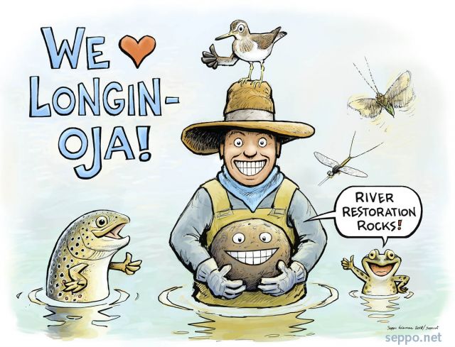  We love river restoration, keywords:
 restoration trout spawning river fish migration rivers Salmo trutta common sandpiper Actitis hypoleucos mayfly caddisfly frog stone Longinoja fishmigration cartoon
