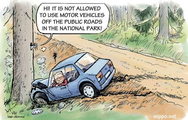  Offroad driving not allowed, keywords:
 Nuuksio national park forest nature offroad driving road motor vehicle car tree spruce three-toed woodpecker Picoides tridactylus Finland cartoon