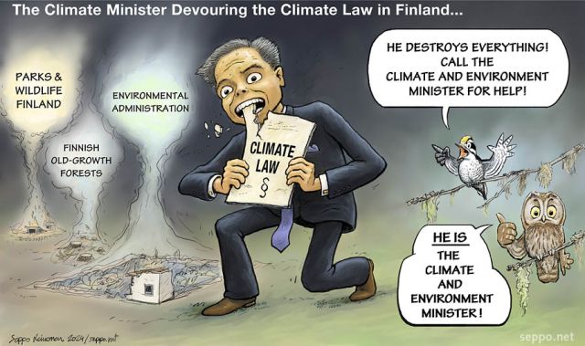  Climate minister devouring the climate law, keywords:
 climate environment minister Finland devour destroy climate law envirronmental administration old forest protection national parks rangers destruction worst mininster ever. three-toed woodpecker boreal owl Picoides tridactylus Aegolius funereus cartoon