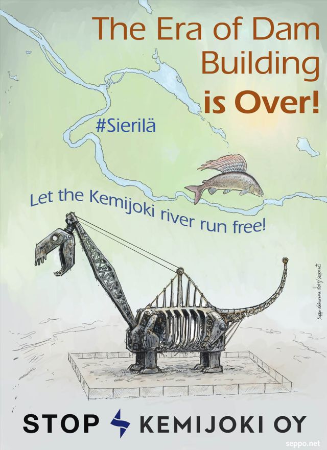  The era of dam building is over!, keywords:
 dam removat, hydropower, Sierilä Dam, rivers Kemijoki river, action, fish migration, Marion, cartoon
