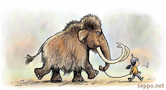  Girl and mammoth, keywords:
 children kids mammoth big pet Mammuthus cartoon
