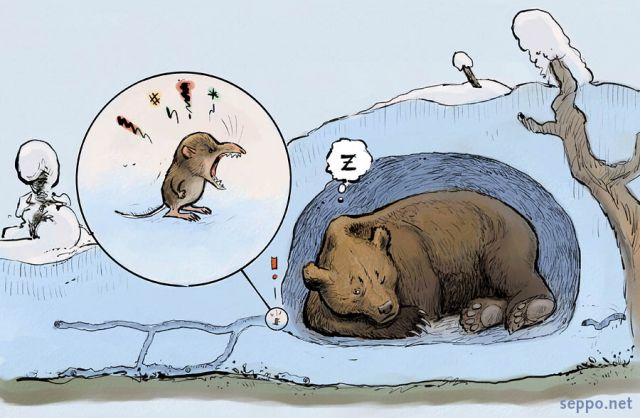  Brown Bear and  Pygmy Shrew in winter, keywords:
 brown bear predator hibernate hibernation eurasian pygmy shrew winter snow drift winter nest Sorex minutus Ursus arctos cartoon
