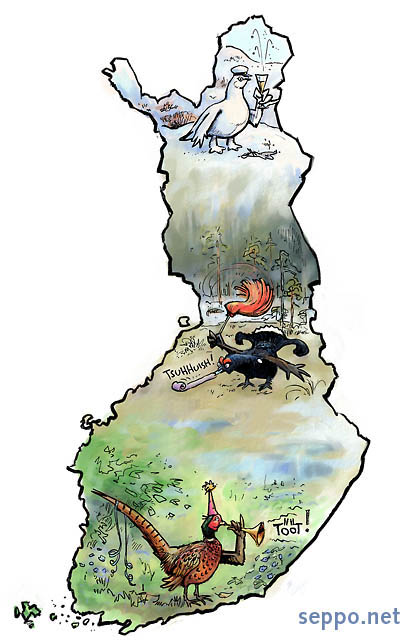  First of May in Finnish nature, keywords:
 May Day First of May Finnish nature Finland spring biodiversity bog marsh fell forest pheasant black grouse ptarmigan Phasianus colchicus Lyrurus tetrix Lagopus muta cartoon