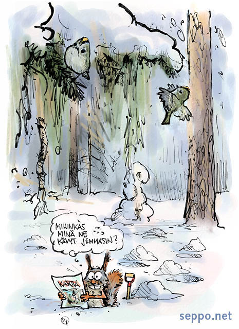  Hippiäinen – orava – käpy hukassa, keywords:
 orava hippiäinen talvi lumi hanki tykky metsä käpykätkö kävyt kartta etsiä etsintä Sciurus vulgaris Regulus regulus pilapiirros