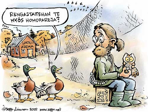  Rengastaja ja heinäsorsien homoliitto, keywords:
 lintu lintumies homopari rengastus heinäsorsa lintuasema