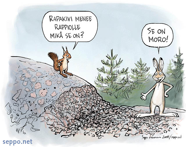  Rapakivi - moro, keywords:
 rapakivi rapakivigraniitti moro moroutuminen kallioperä kivi orava jänis rapautuminen rappiolla pilapiirros Lepus timidus Sciurus vulgaris