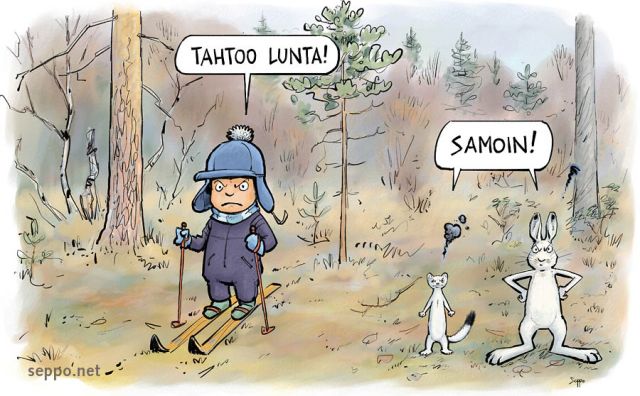  Hiihtäjä jänis ja kärppä odottavat lunta, keywords:
 syksy lumeton talvi lumi hiihto hiihtäjä jänis kärppä talvipuku ilmastonmuutos talvi piirros