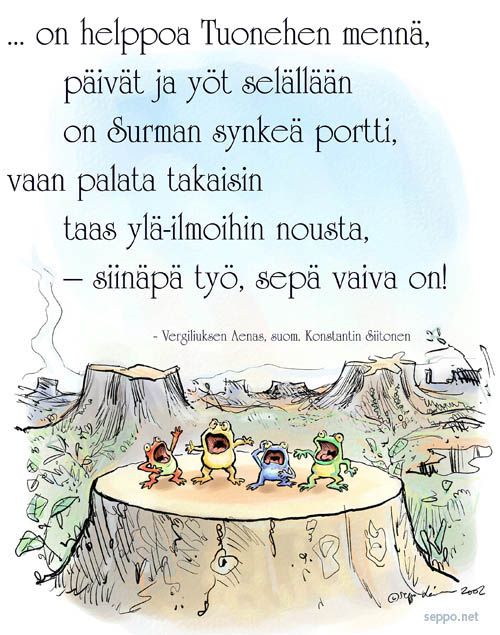  Sukupuutto - Sammakot ja avohakattu sademetsä, keywords:
 sukupuutto avohakkuu sademetsä hakkuu metsä monimuotoisuus biodiversiteetti sammakko uhanalainen laji pilapiirros