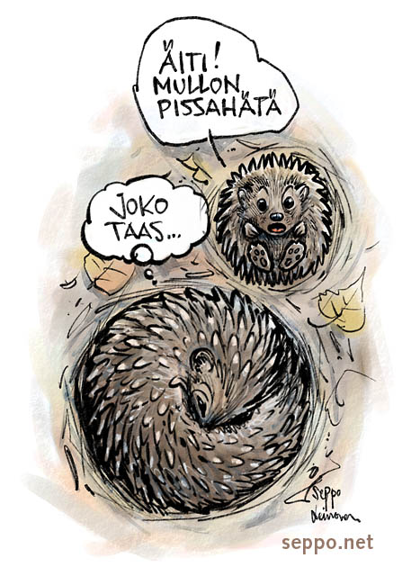  Siili – emo ja poikanen – talvihorros, keywords:
 siili emo poikanen talvi pesä talvihorros horrostaa Erinaceus europaeus pilapiirros