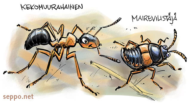  Mairevilistäjä - kekomuurahainen, keywords:
 hyönteinen mairevilistäjä kekomuurahainen ötökkä Formica rufa pilapiirros