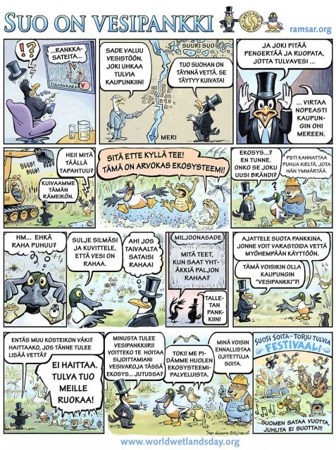  Suo on vesipankki - kosteikko torjuu tulvia, keywords:
 kosteikko suo tulva kestävyys poikkeuksellinen sääilmiö ilmastonmuutos ekosysteemi tulvantorjunta rankkasade ennallistaminen lintu kala sammakko nisäkäs hyönteinen Ramsar water is life cartoon