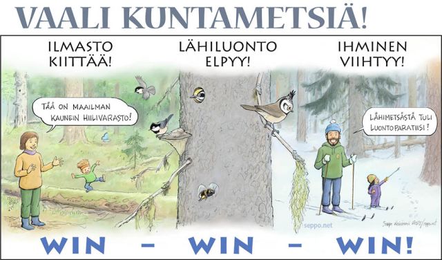  Vaali ja suojele kuntametsiä, keywords:
 hömötiainen ilmasto kimalainen kunta kuntametsä kuusitiainen luonto lähiluonto metsä monimuotoisuus pilapiirros pohjantikka sinisiipi suojelu töyhtötiainen ulkoilu vetovoimatekijä virkistys virkistysmetsä, pilapiirros