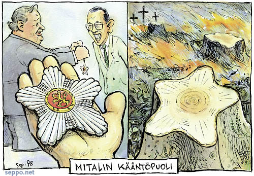  Martti Ahtisaari palkitsi Indonesialaiset metsäjohtajat, keywords:
 Martti Ahtisaari palkitseminen Indonesia metsäministeri metsäjohtaja April UPM Kymmene kunniamitali komentajamerkki pilapiirros