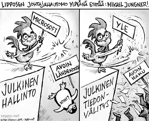  Paavo Lipposen johtajahautomo esittää - Mikael Jungner, keywords:
 Mikael Jungner Microsoft YLE avoin lähdekoodi avoin haku julkinen pätevyys Paavo Lipponen pääjohtaja piirros pilapiirros