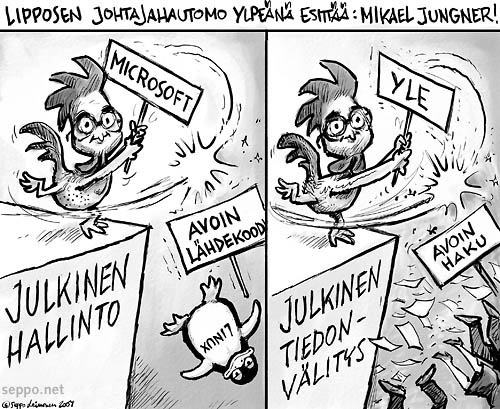  Paavo Lipposen johtajahautomo esittää - Mikael Jungner, keywords:
 Mikael Jungner Microsoft YLE avoin lähdekoodi avoin haku julkinen pätevä Paavo Lipponen pääjohtaja piirros pilapiirros