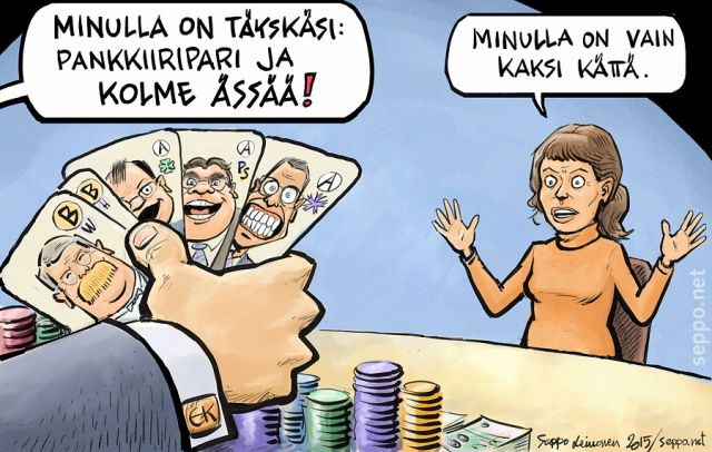  Kolme ässää ja kaksi kättä, keywords:
 kolme ässää täyskäsi pankkiirit EK yhteiskuntasopimus hallitus työntekijät lapset hoito päiväkoti kaksi kättä Sipilä Soini Stubb pokeri työolot leikkaukset pilapiirros