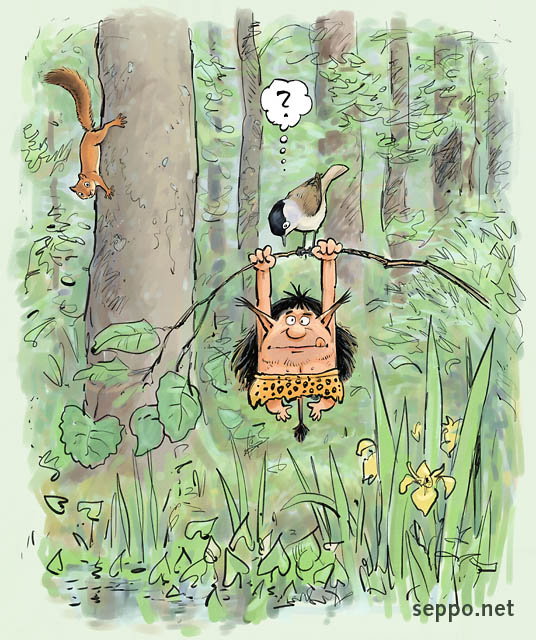 Tarzan-peikko rantaluhdalla, keywords:
 Tarzan peikko satuhahmo rantaluhta orava mustapääkerttu vehka kurjenmiekka Sciurus vulgaris Sylvia atricapilla pilapiirros