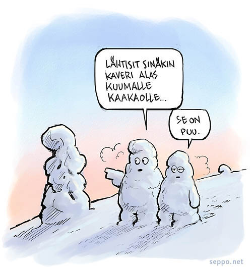  Tykky ja pakkanen, keywords:
 tykky tunturi matkailu matkailija talvi Lappi kuuma kaakao pilapiirros